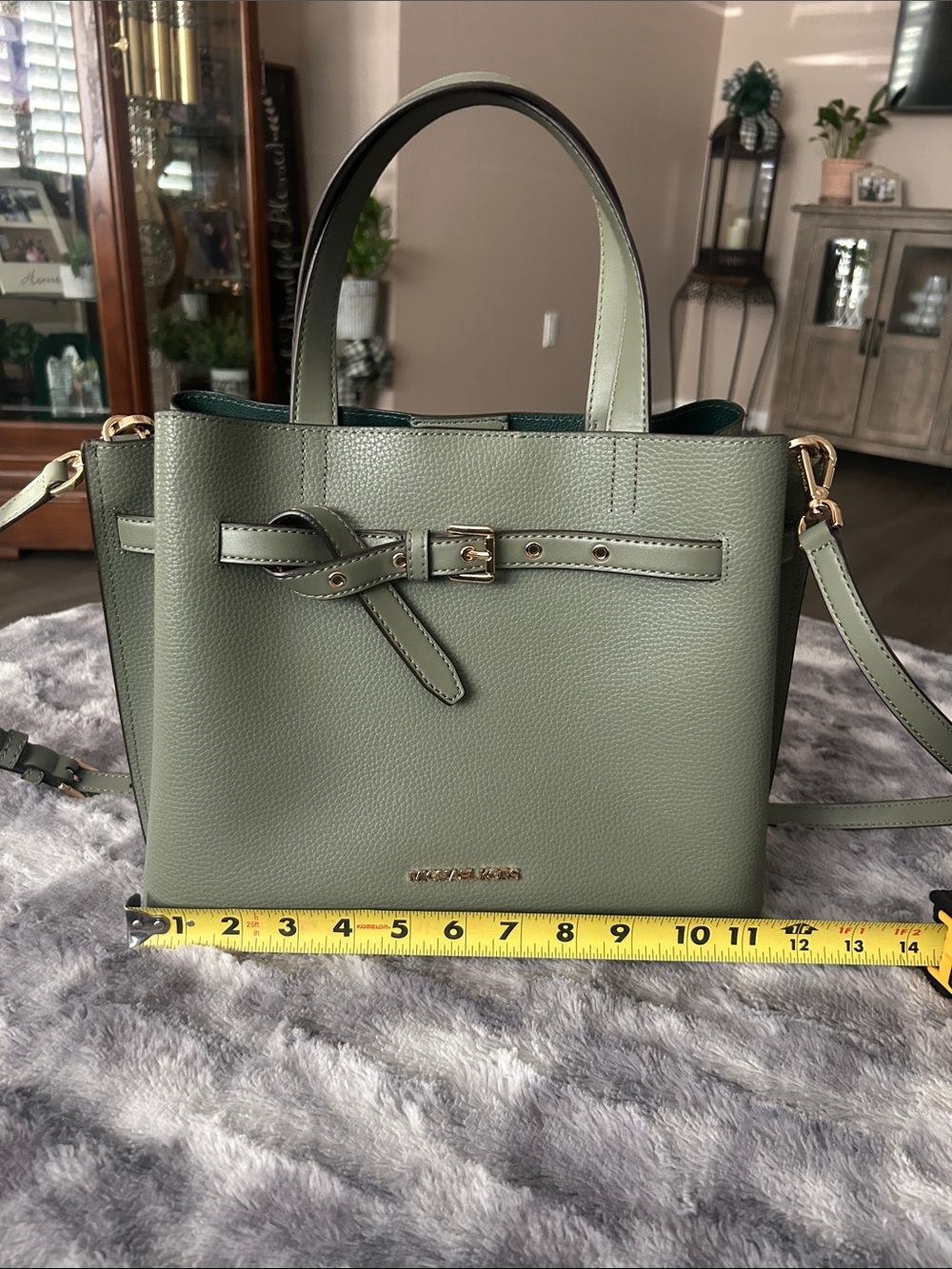 Michael Kors Sage Green Pebbled Leather Tote with Belt Detail